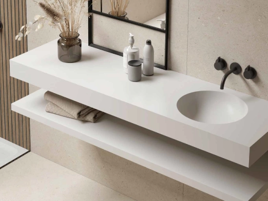 Plan vasque lavabo circulaire ⦰ 30 cm sur mesure Largeur 50 à 201 x P 40 à 51 cm Finition lisse 10 couleurs au choix, Anti bactérien Résine Akrytan® dans la masse Livraison Offerte.